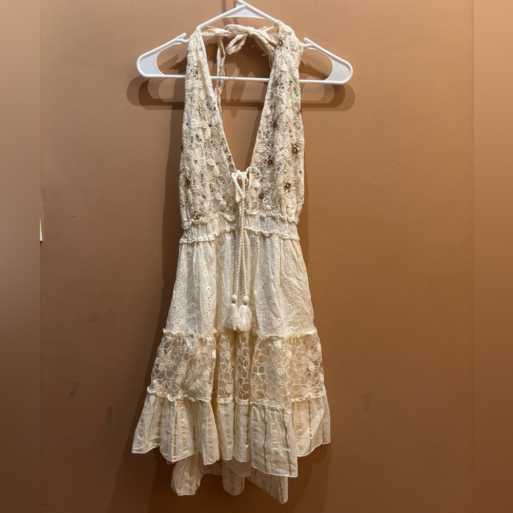 Zury bohemian lace embroidered maxi halter  tiered swing design cream dress